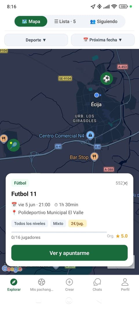 Pachangas App — mapa con partidos deportivos cerca de ti